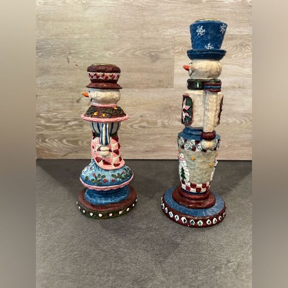 Folk Art Resin Snowman Candle Holders Set of 2 - Picture 2 of 9